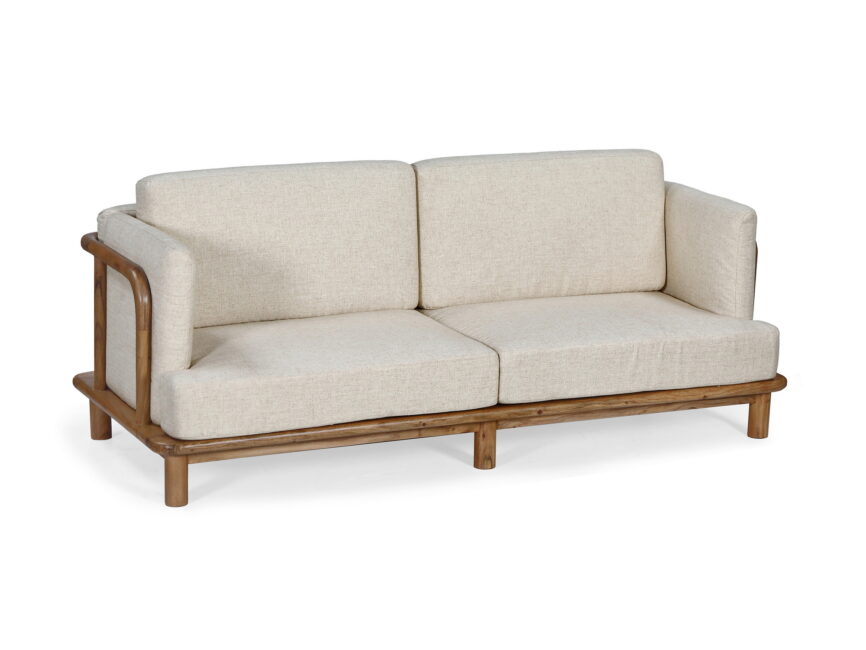 Pascal cream fabric two-seater sofa with exposed wooden frame – front view