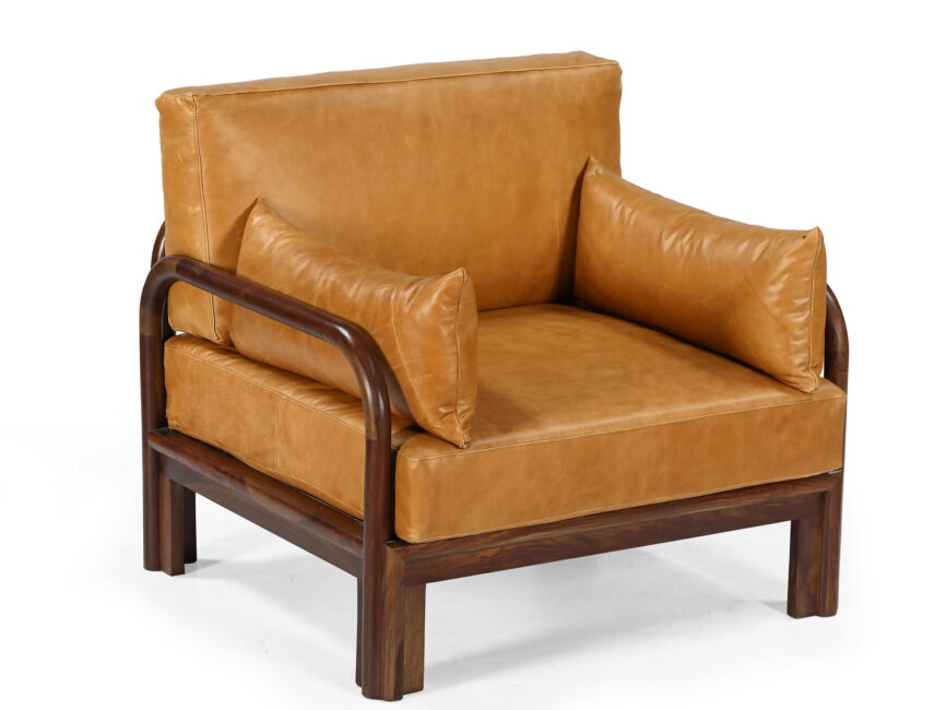 Holland tan leather sofa chair with dark solid wood frame – angled front view