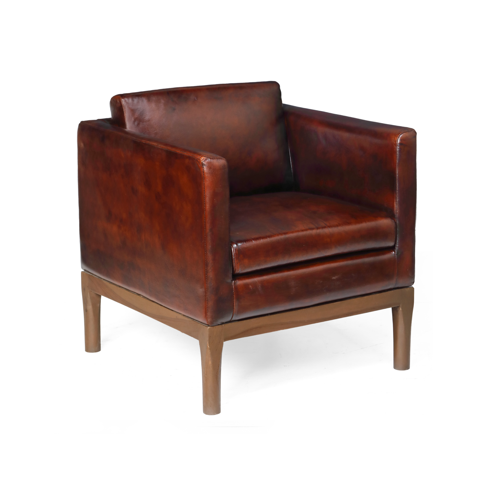 Pedro dark brown leather sofa chair with wooden legs – angled front view
