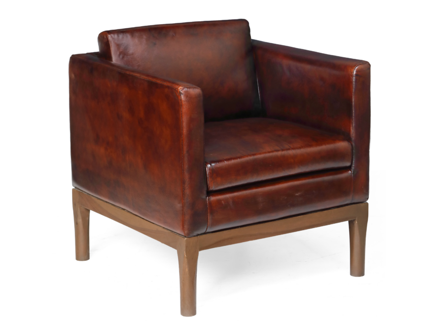 Pedro dark brown leather sofa chair with wooden legs – angled front view