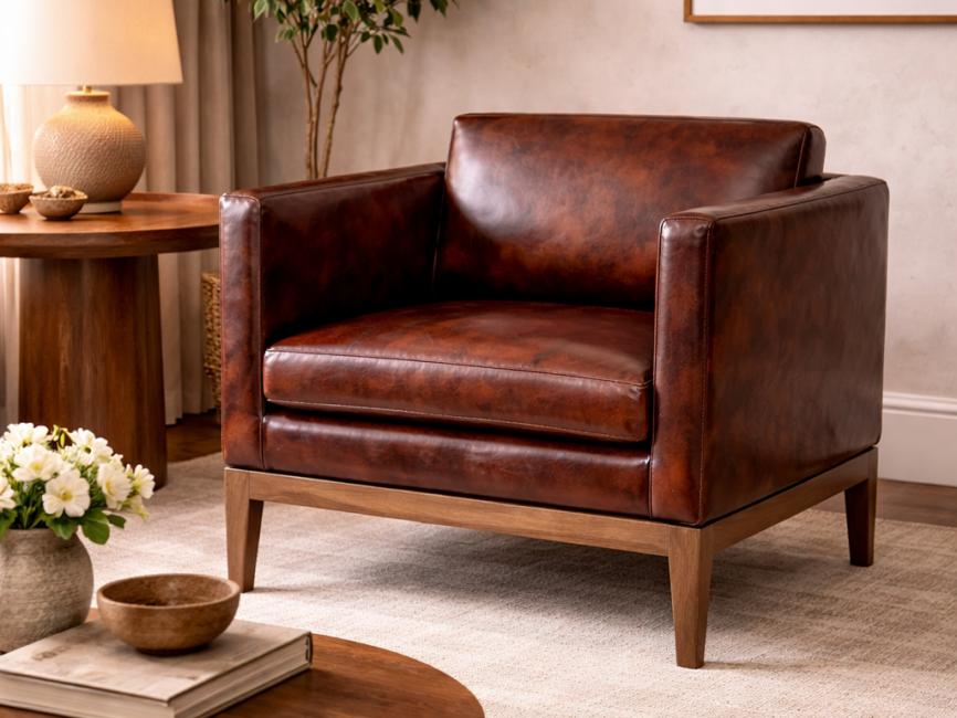 Pedro dark brown leather sofa chair styled in a modern living room