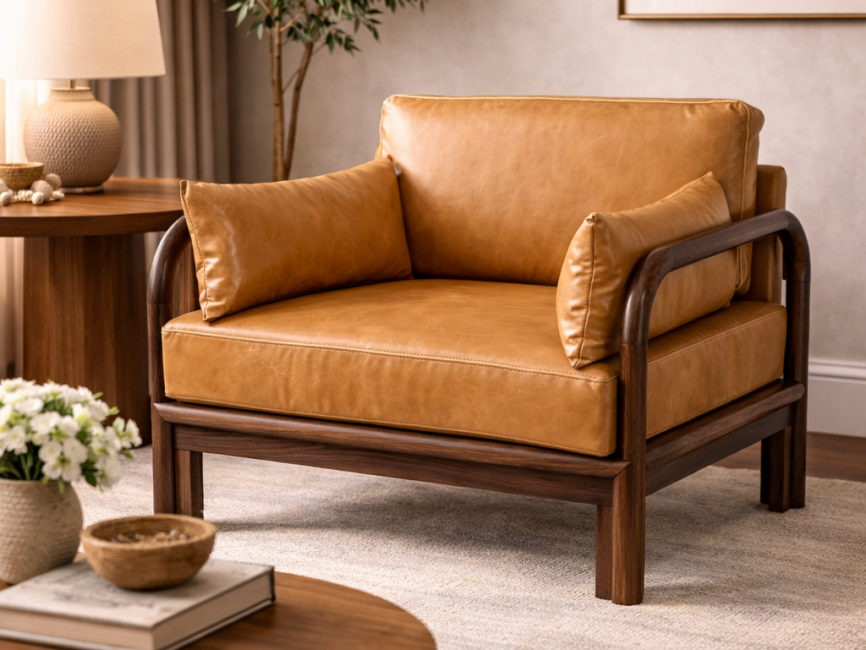 Holland tan leather sofa chair styled in a modern living room
