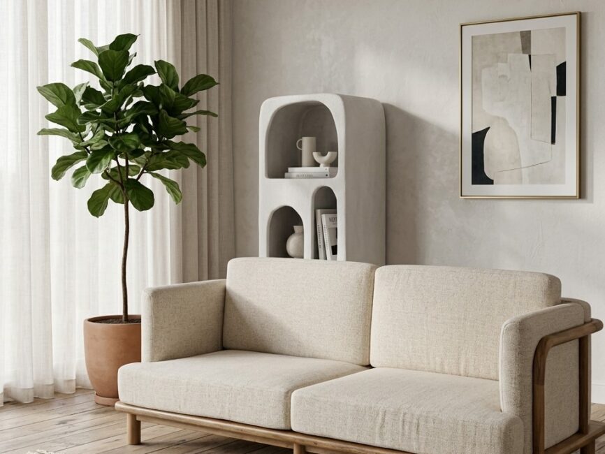 Pascal cream fabric two-seater sofa styled in a contemporary living room