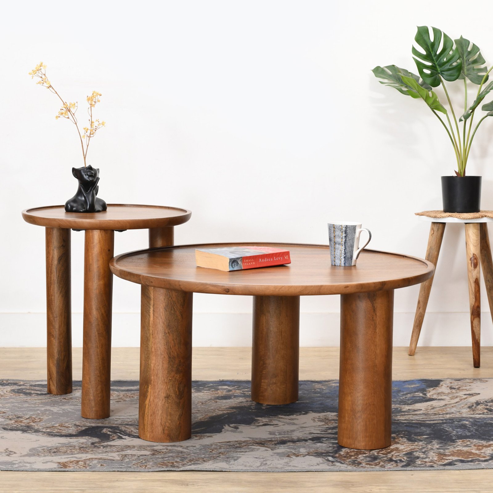 Lama Premium Solid Wood Nesting Table Set Teak Finish