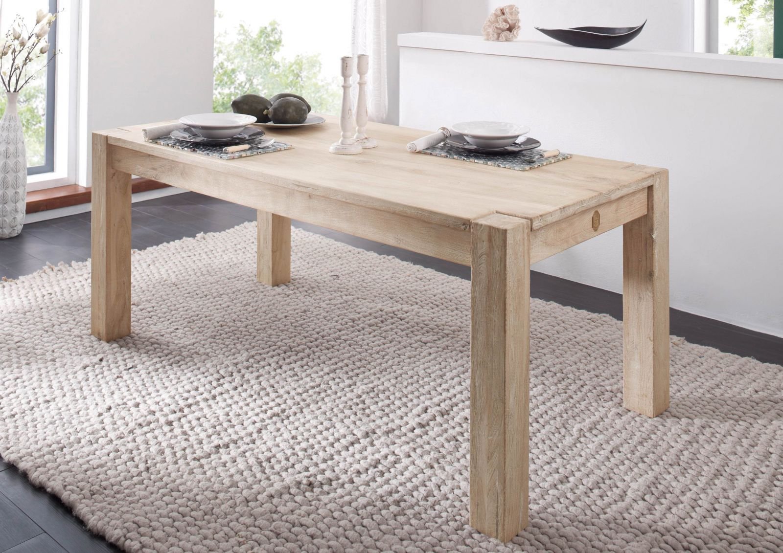 Fade White Solid Acacia Wood Dining Table - Image 2