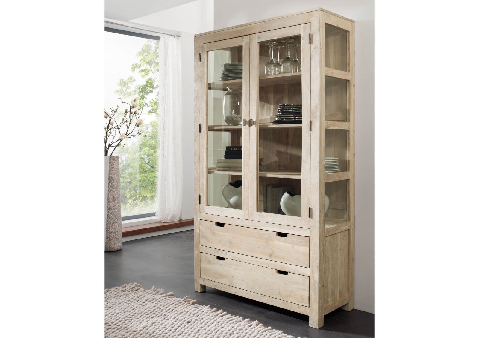 Fade White Solid Acacia Wood Display Cabinet