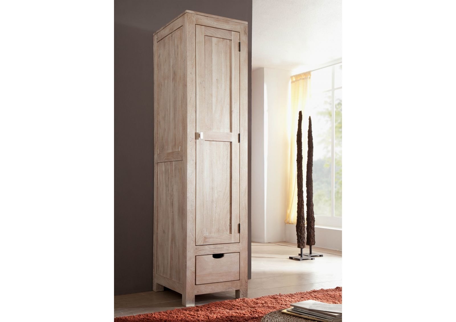 Fade White Solid Acacia Wood Single Door Wardrobe - Image 2
