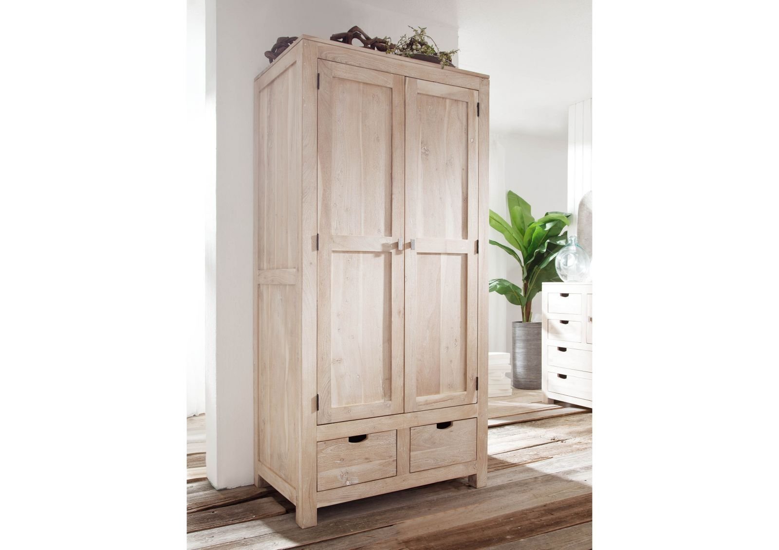 Fade White Solid Acacia Wood Wardrobe Cabinet - Image 2