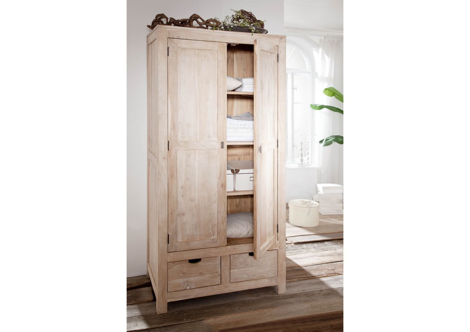 Fade White Solid Acacia Wood Wardrobe Cabinet - Image 3