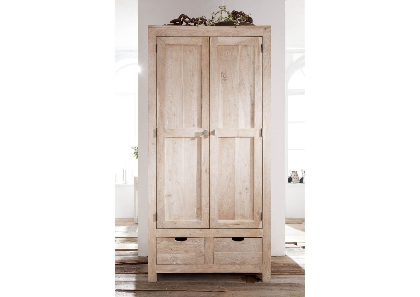 Fade White Solid Acacia Wood Wardrobe Cabinet