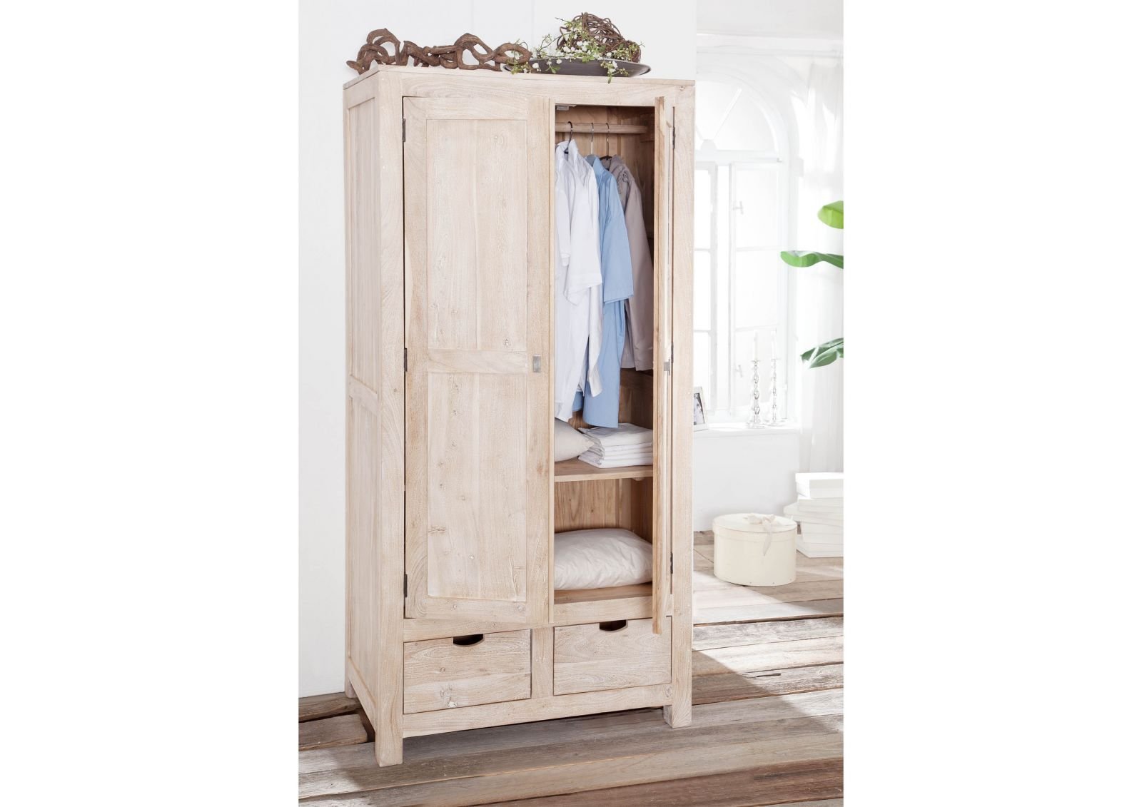 Fade White Solid Acacia Wood Wardrobe Cabinet - Image 4
