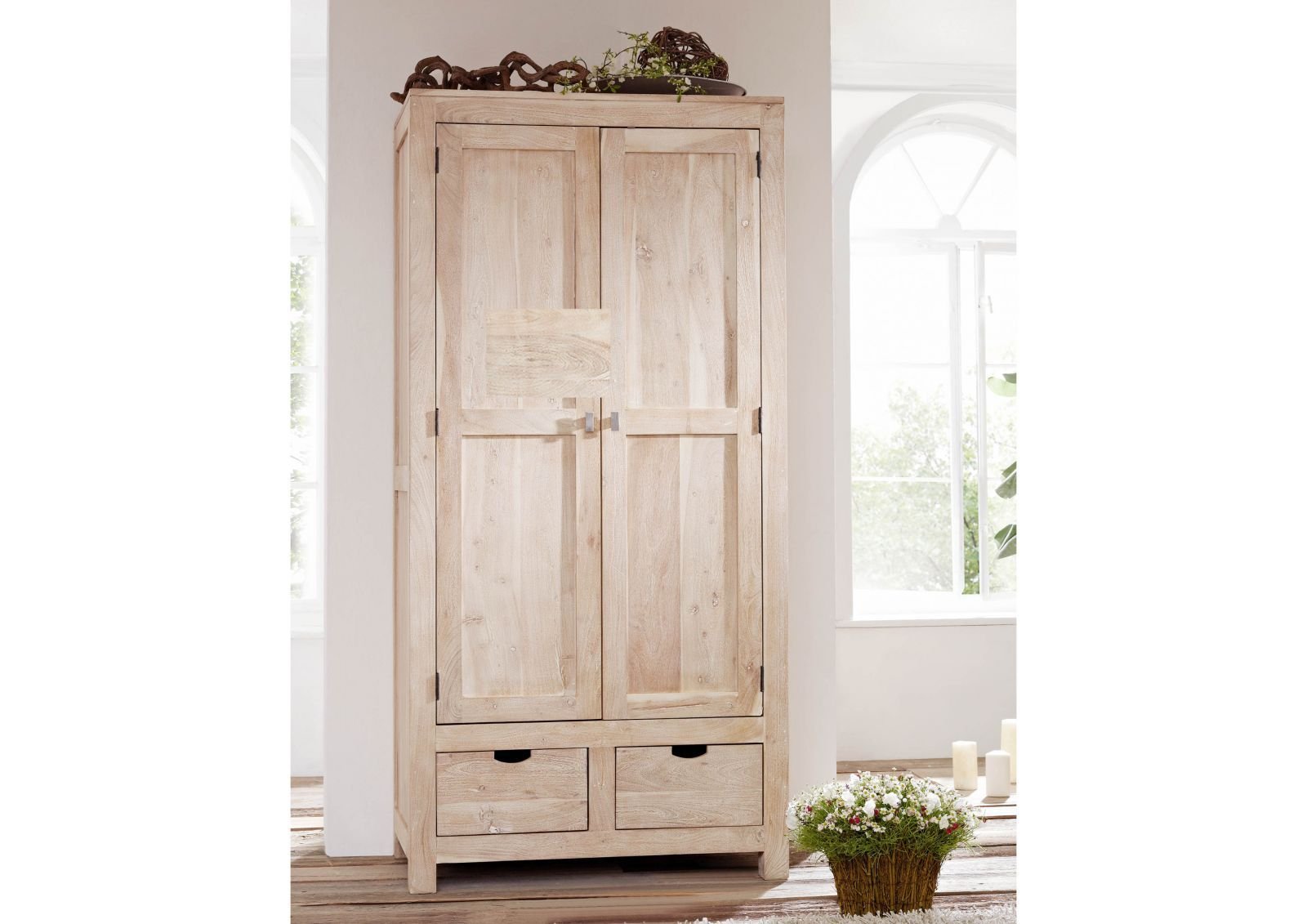 Fade White Solid Acacia Wood Wardrobe Cabinet - Image 5