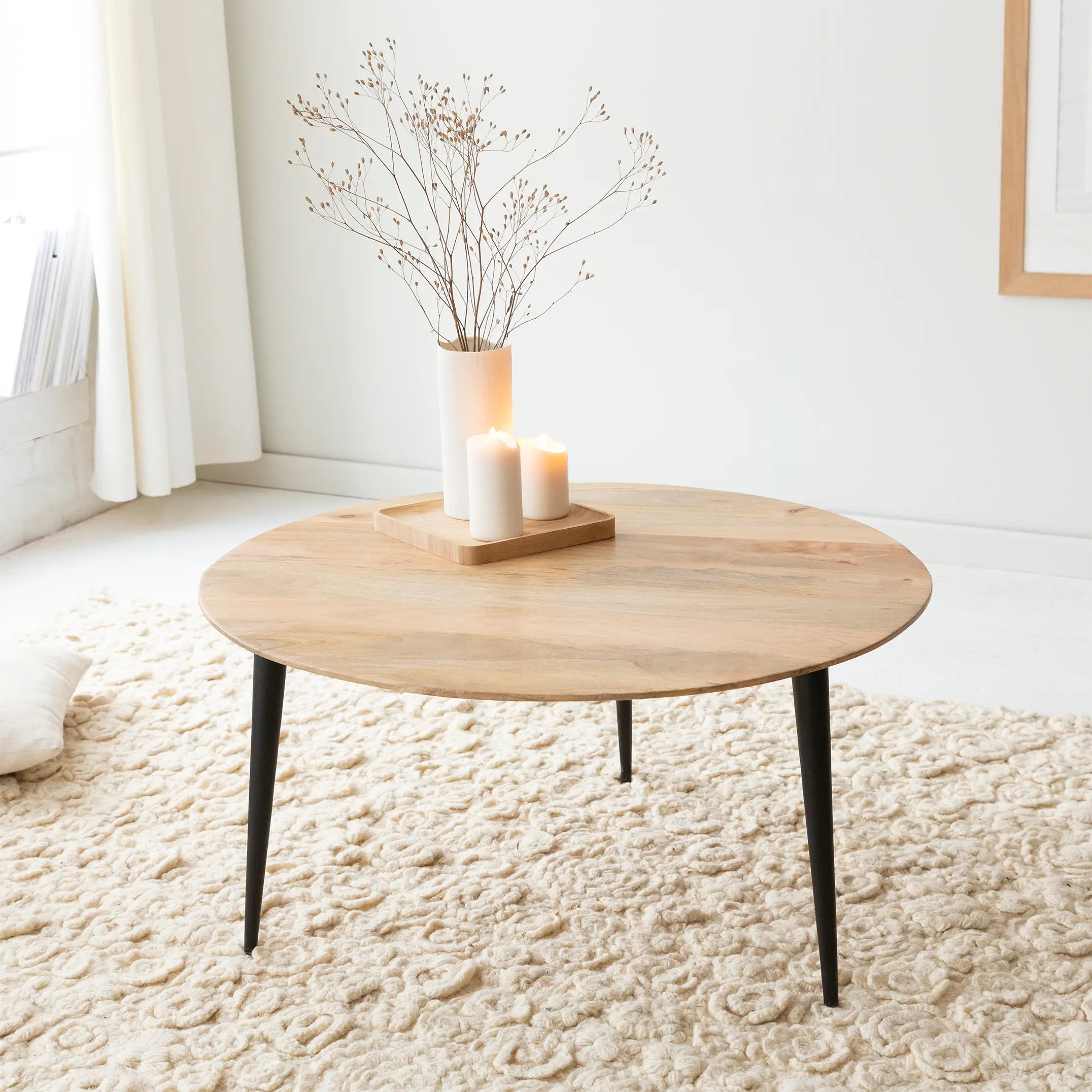 Albert Round Solid Mango Wood and Black Metal Legs Coffee Table