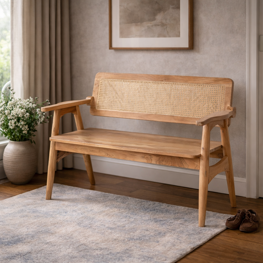 Viraj wooden bench with cane backrest - Image 2