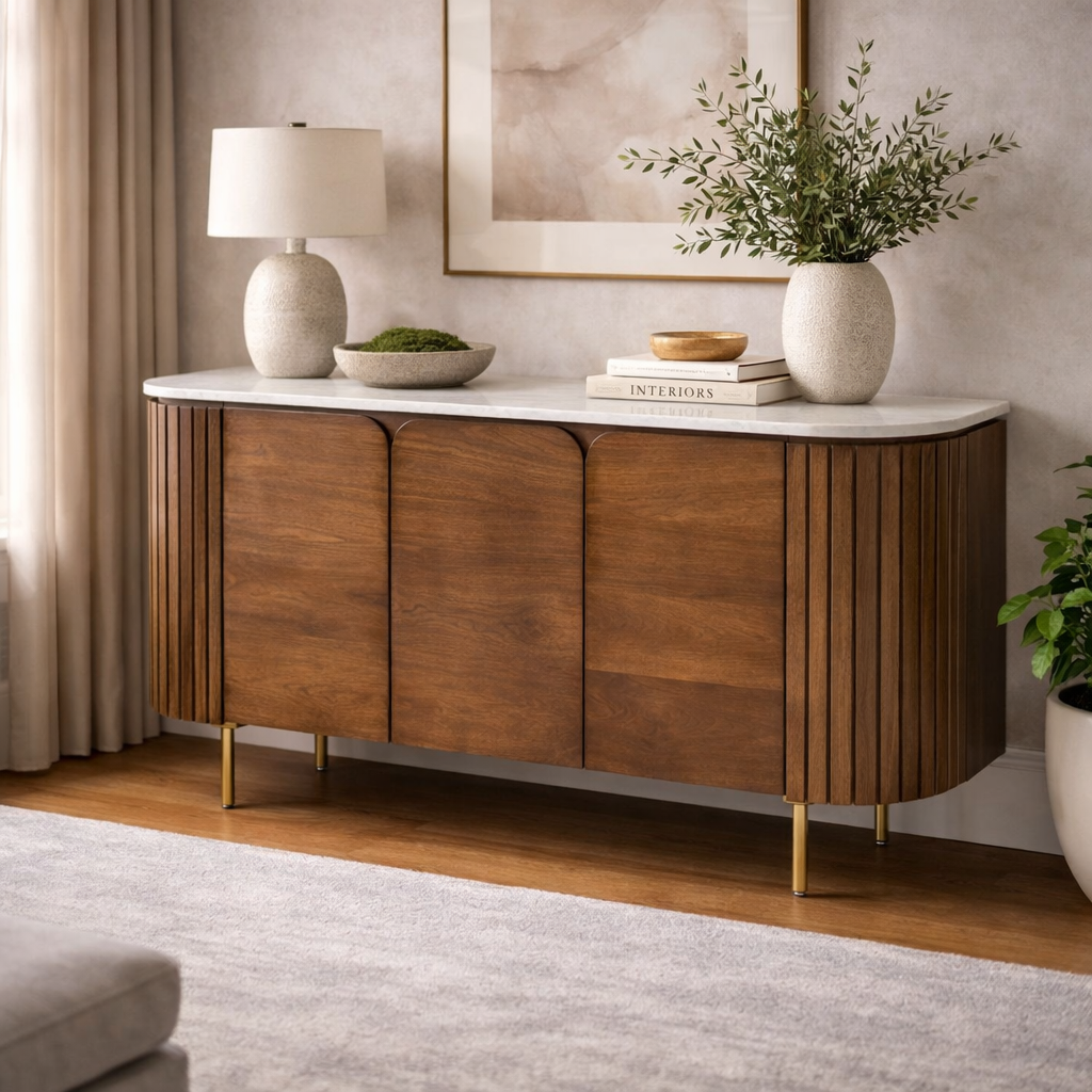 Rounded sideboard in mango wood and Liena marble - Image 2