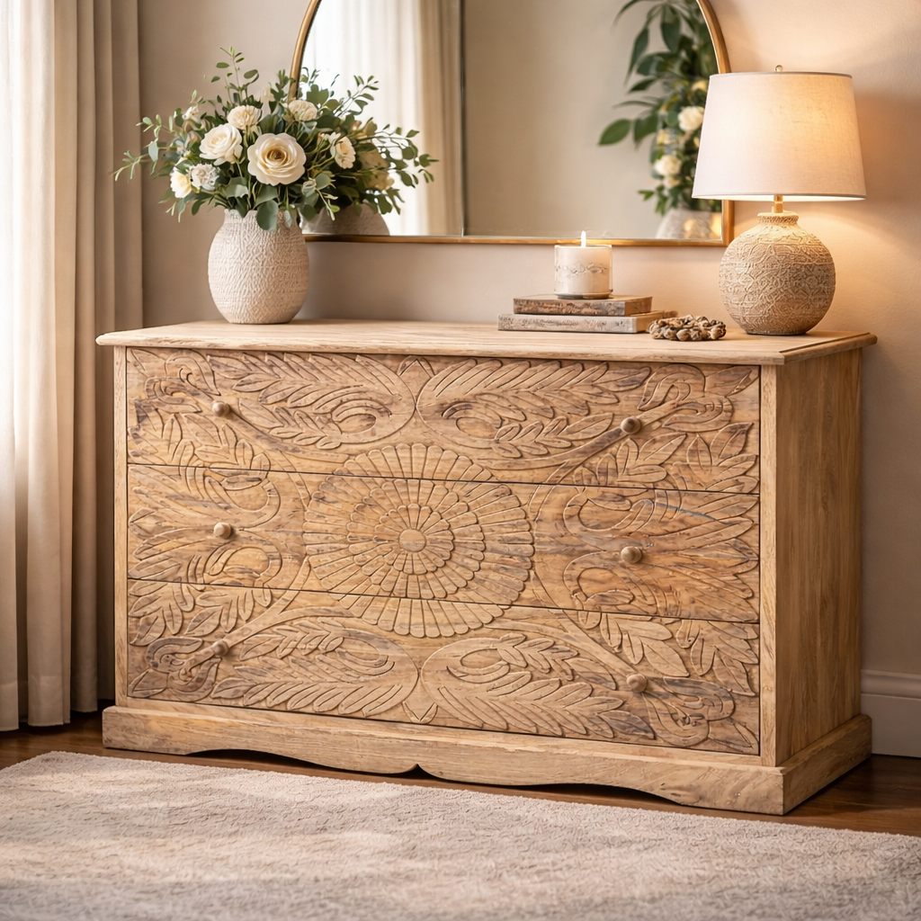 Advanie carved mango wood chest of drawers - Image 2