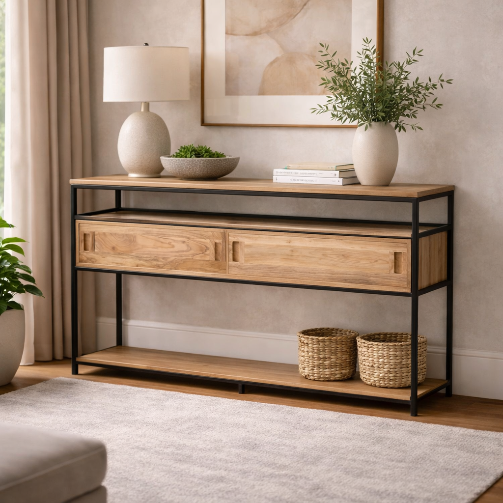 Carlos console table in acacia wood and metal - Image 2