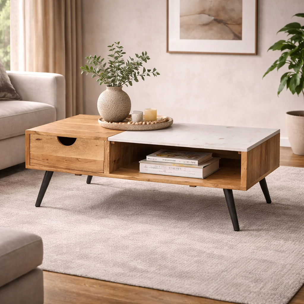 Trisha coffee table in acacia wood and marble - Image 2