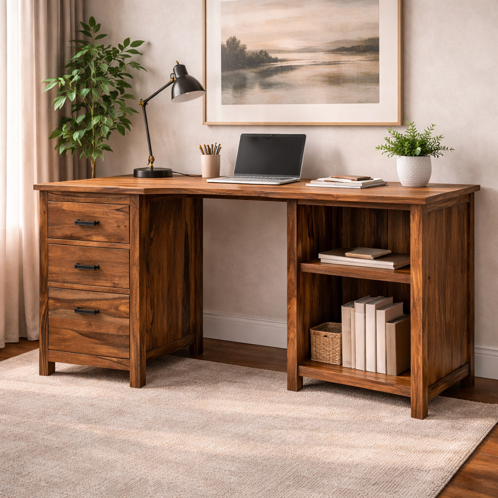 Amer L Shape Sheesham Wood Study Desk - Image 2
