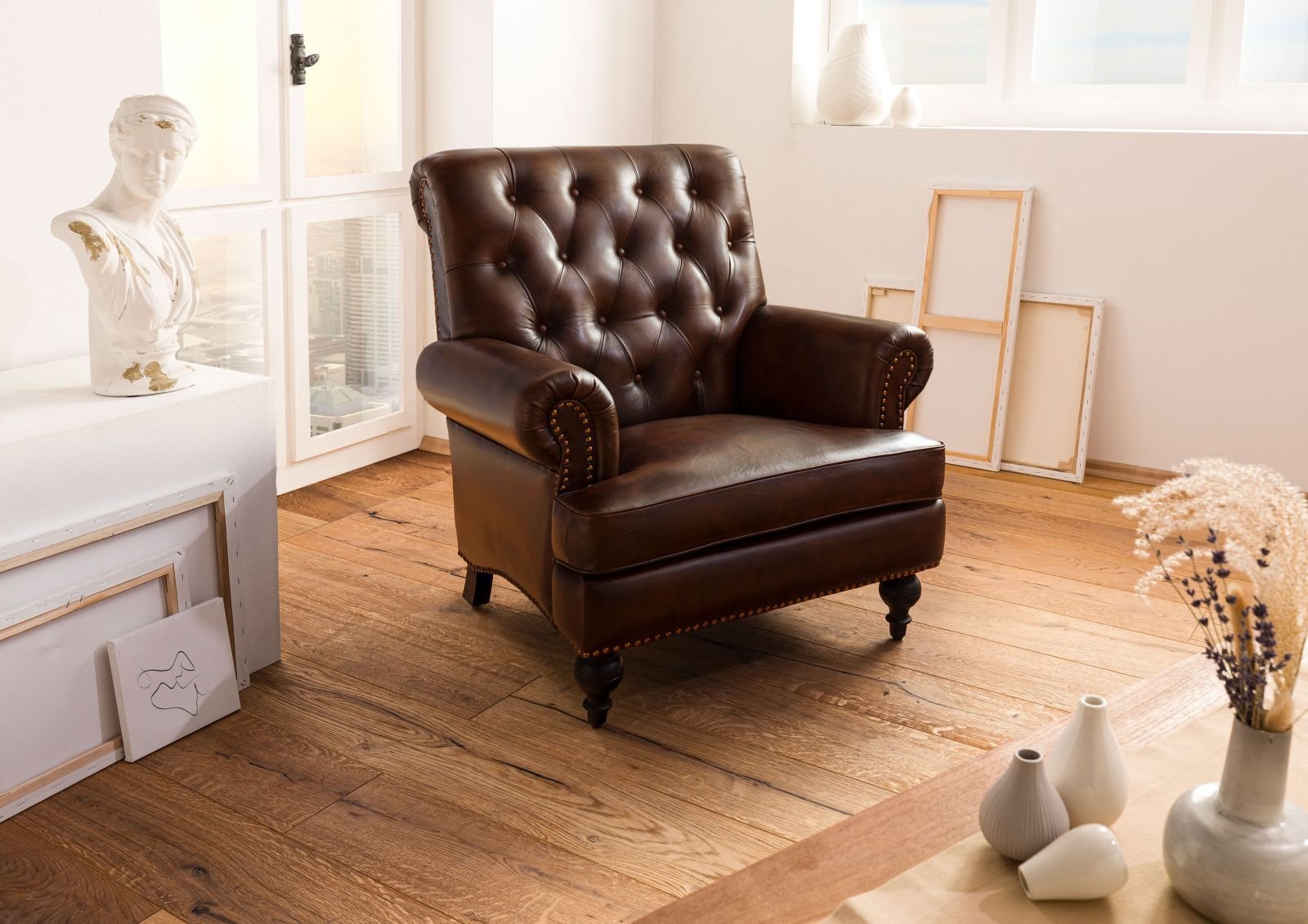 Chesterfield Leather Single Seater Sofa Dark Brown - Image 2