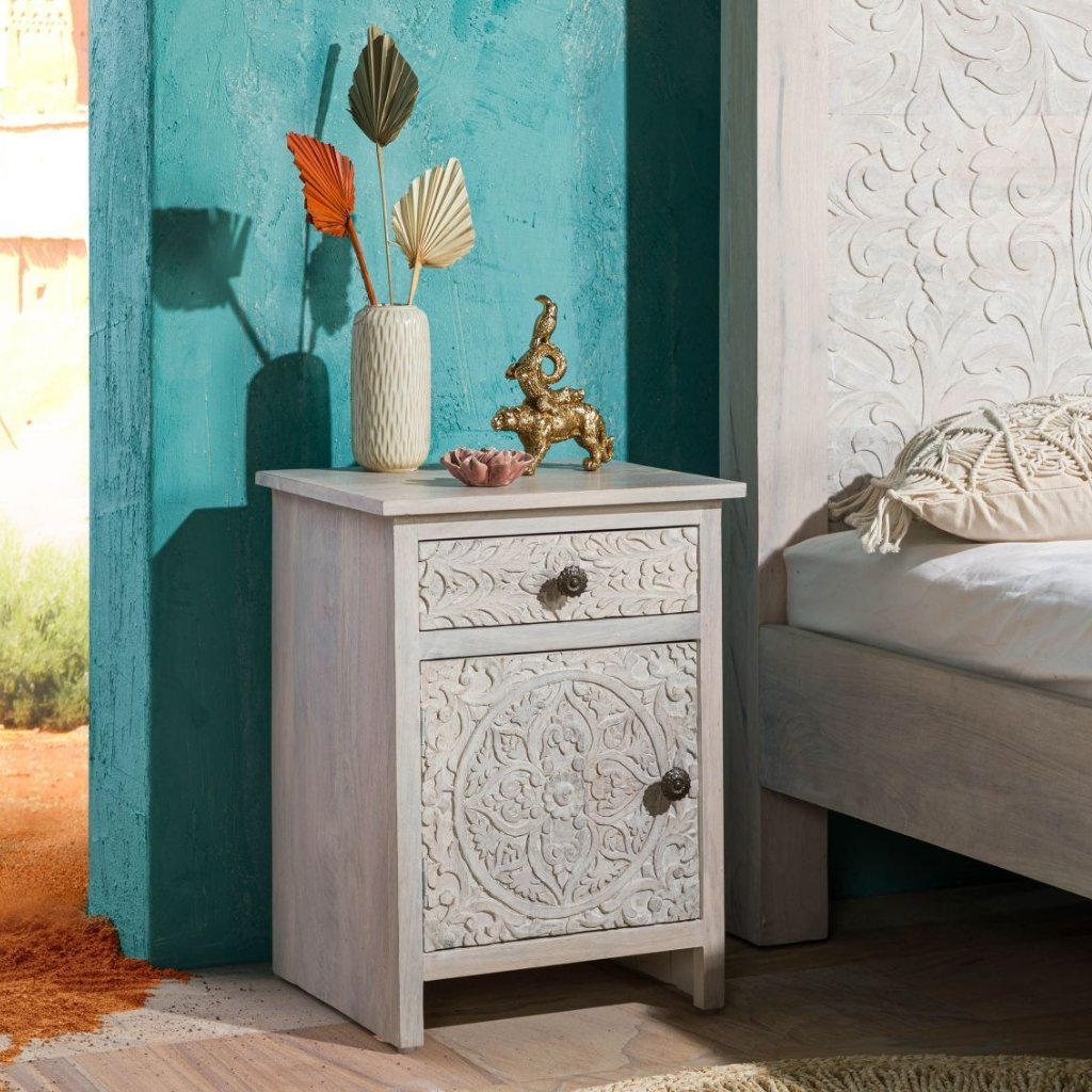 Persia Solid Wood Carved Bedside (Right Opening) - Image 2