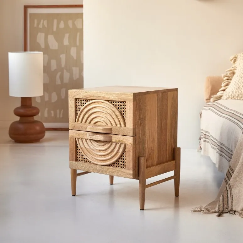 Vratta Solid Mango Wood Bedside Table With Cane - Image 4