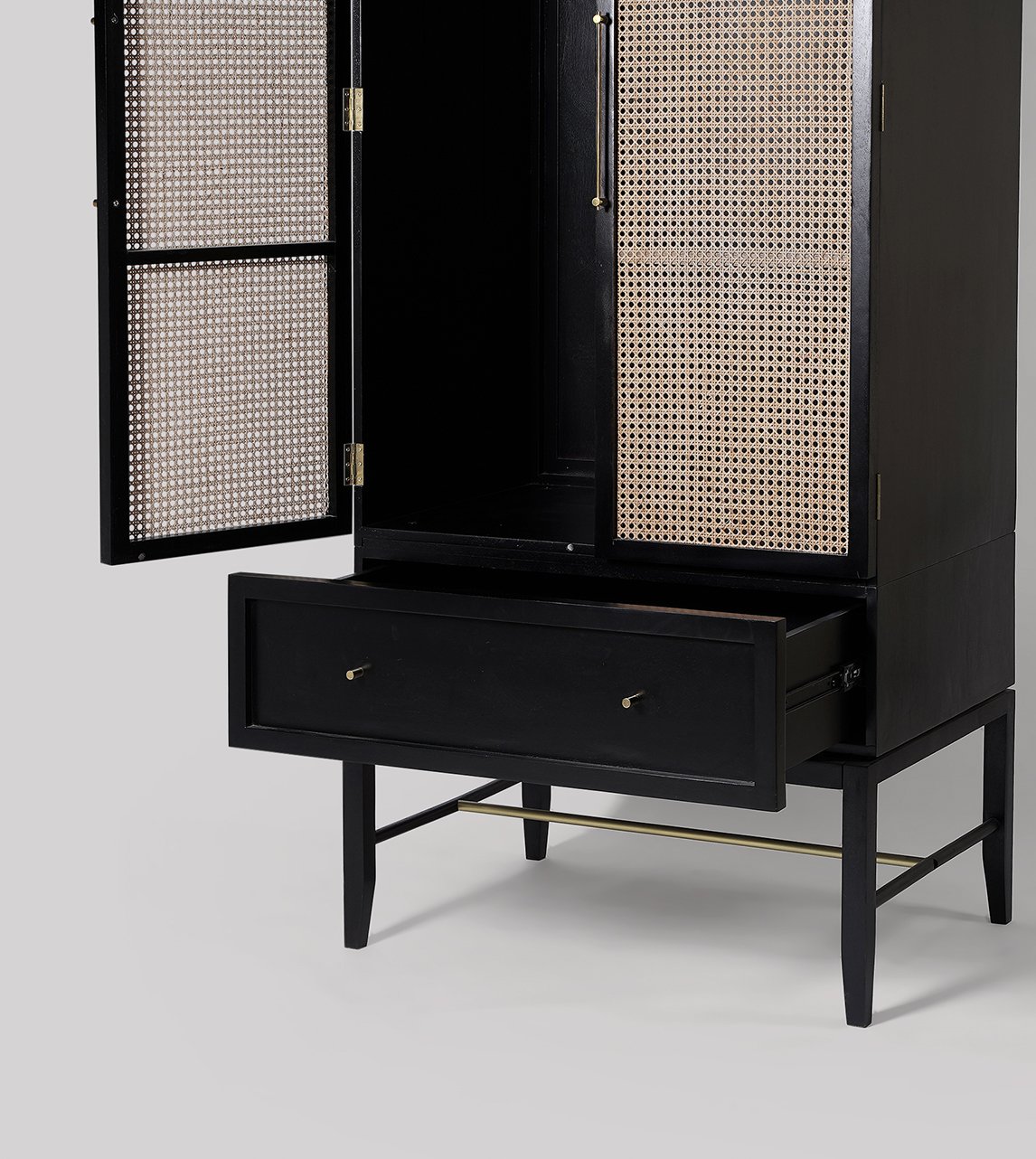 Rattan Black Double Door Solid Wood Wardrobe - Image 4
